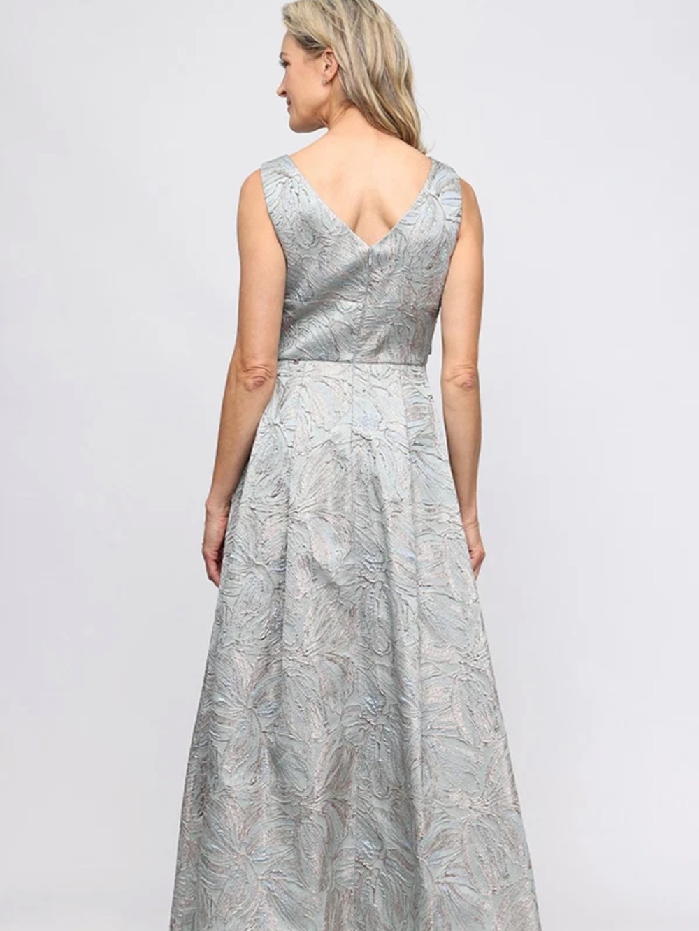 Alex Evenings Pale Silver-Blue Jacquard V-Back Maxi Gown